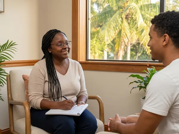 Therapist Keanna Florvil conducts a supportive, personalized clinical assessment in a sunlit therapy room.
