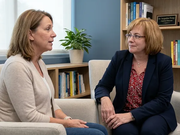 Dr. Jacqueline Pevny conducts a warm, one-on-one psychiatric consultation in a bright, comfortable office.