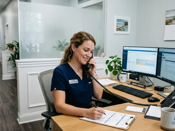 An admissions coordinator wearing dark blue scrubs speaks on the phone and writes on a clipboard at her desk in a modern clinical office.
