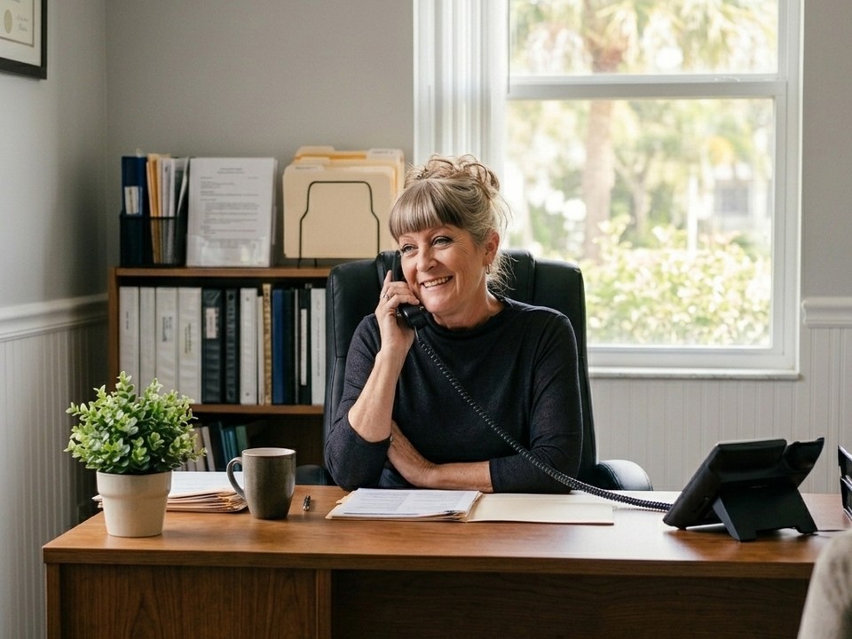 Michele Donahue, Director of Housing and Transportation, coordinates travel and logistics on the phone at her desk in her clinical office.