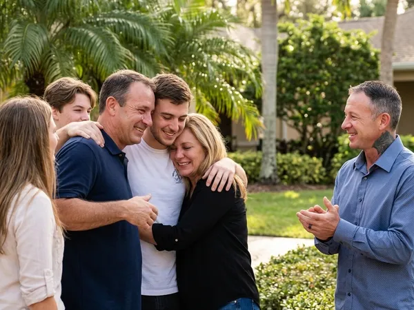 A graduate is warmly embraced by his family in a sunlit courtyard as Alumni Director Josh Gray welcomes them.