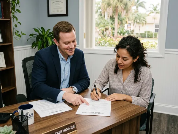 A case manager and a client review and sign transition planning and legal paperwork together in a quiet, professional office.