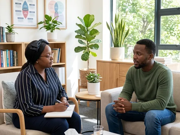 Primary therapist Keanna Florvil conducts a one-on-one dual diagnosis session with a male client in a bright, modern office.