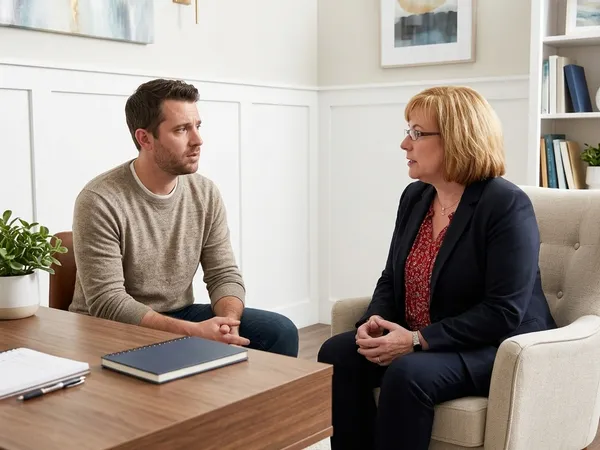 Medical Director Dr. Jacqueline Pevny conducts a compassionate psychiatric consult with a young adult male client in her office.