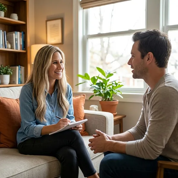 Expert practitioner Daryl Berkowitz conducts a supportive individual counseling session in a naturally lit office.