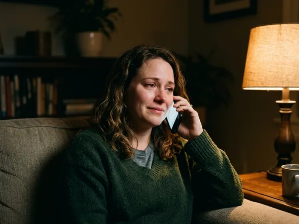 A person in their early 30s sits on a couch at home late at night, crying while calling Destination Hope for help with recovery.