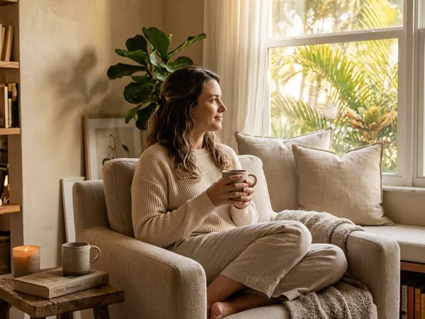A client sits in a warm, naturally lit lounge looking out the window, depicting quiet reflection and recovery from depression.