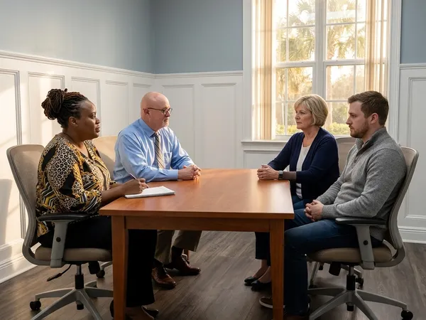 Family therapist Lystra Lewis and Dr. Charles Smith conduct a compassionate family consultation in a warm office.