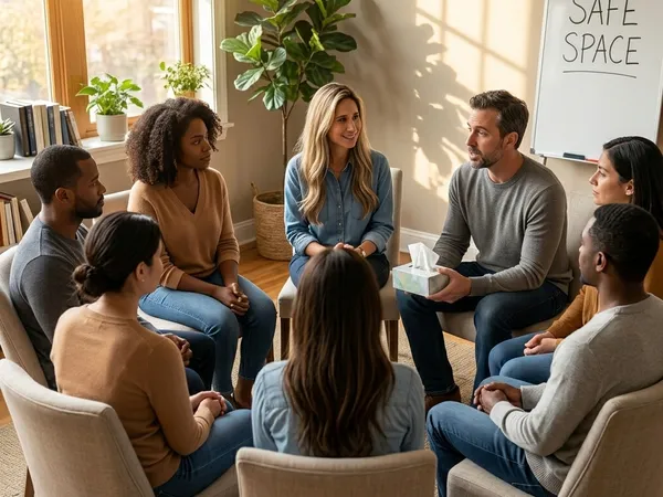 Expert Practitioner Daryl Berkowitz leads a supportive trauma group therapy session for adults in a sunlit room.