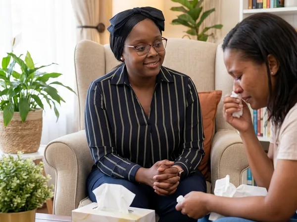 Therapist Keanna Florvil guides a client through emotional processing in a calm, comfortable room.