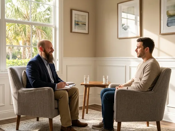 Program Director Gabriel King conducts a supportive, individual counseling session in a warm office.