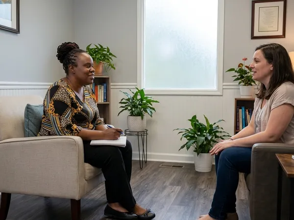 Family therapist Lystra Lewis conducts a supportive one-on-one counseling session in a quiet, naturally lit room.