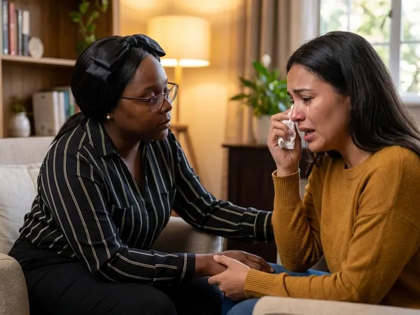 Primary therapist Keanna Florvil conducts an individual therapy session, listening with profound empathy in a warm office.