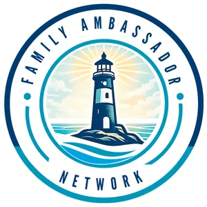 Circular emblem of the Family Ambassador Network featuring a lighthouse on a rocky shore guiding recovery.