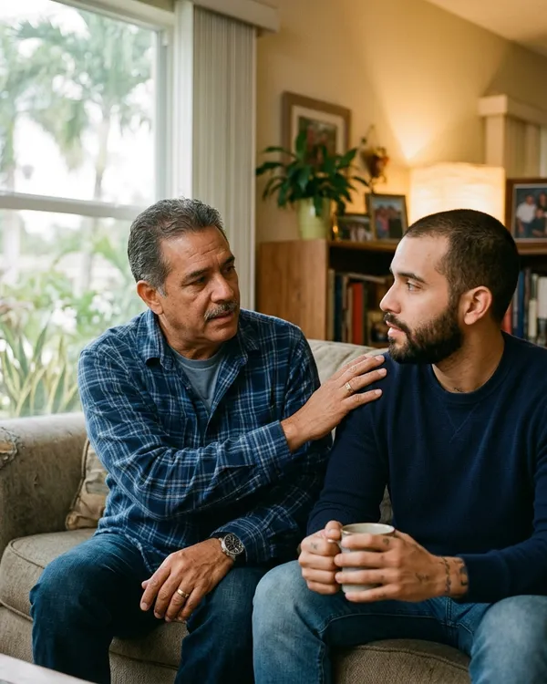 A Latino father talks supportively and shares his concerns with his son in a comforting room.