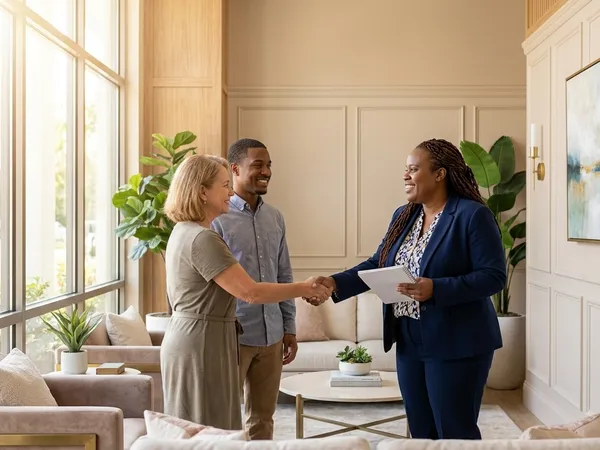 Family therapist Lystra Lewis warmly welcomes a family to the behavioral health facility, projecting care and clinical expertise.