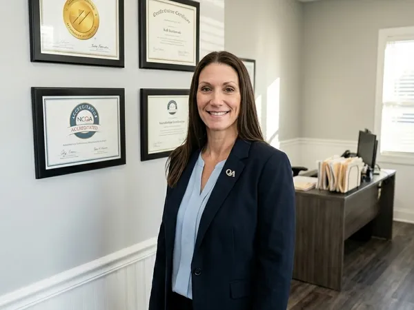 Clinical Director Samantha Sandor stands proudly next to framed state licenses and credentials on a wainscoted office wall.