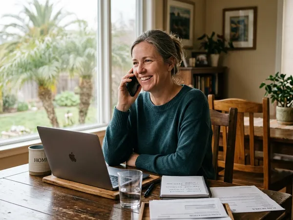 A mother smiles with relief while speaking on a smartphone at her dining table, verifying insurance coverage.