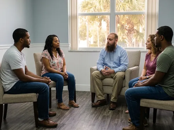 Program Director Gabriel King facilitates a supportive intensive outpatient group therapy session in a wainscoted room.