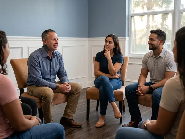 Alumni Director Josh Gray leads a supportive alumni discussion group inside a warm, comfortable meeting room.
