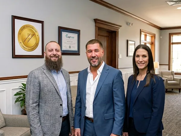 Dan Caro, Gabriel King, and Samantha Sandor stand in front of the facility's Joint Commission gold seal of accreditation.