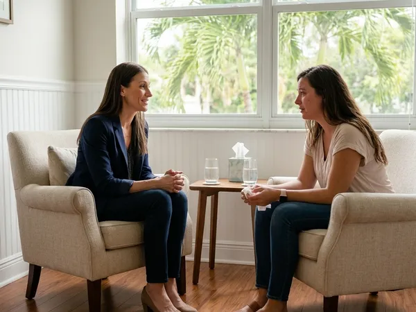 Clinical Director Samantha Sandor conducts a compassionate, naturally lit individual therapy session in a serene office.