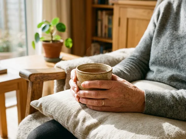 A close-up of a person's hands holding a warm ceramic tea mug while resting on a soft cushion, representing mindfulness and grounding.