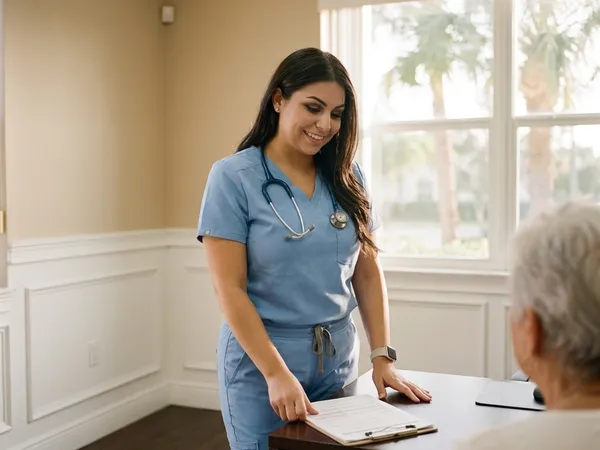 Director of Nursing Vanessa Cole RN reviews healthcare plans with a client in a modern, sunlit clinic office.