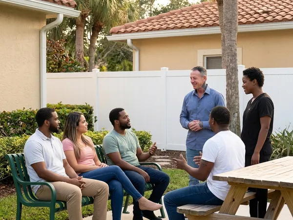 Alumni Director Josh Gray connects with former patients in a peaceful, sunlit outdoor meditation garden.