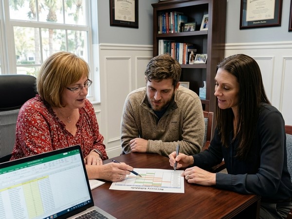 Dr. Jacqueline Pevny and Clinical Director Samantha Sandor work collaboratively alongside a patient on their recovery schedule in Dr. Pevny's office.