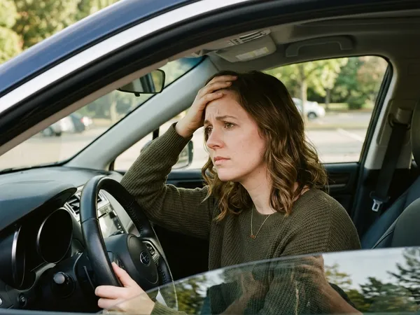 A client experiencing mild anxiety sits in the driver's seat of a car in a parking lot, contemplating starting treatment.