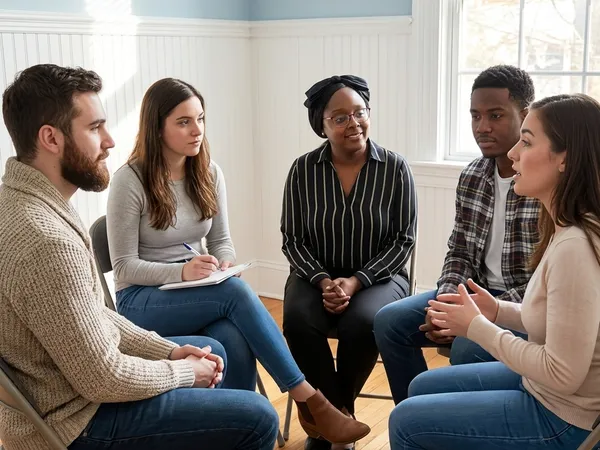 Therapist Keanna Florvil facilitates a supportive peer group counseling session in a wainscoted room.