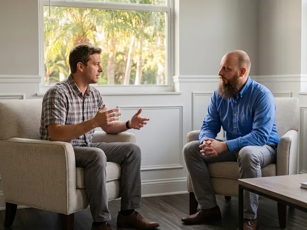 Program Director Gabriel King converses supportively with an outpatient client in a sunlit wainscoted PHP lounge.