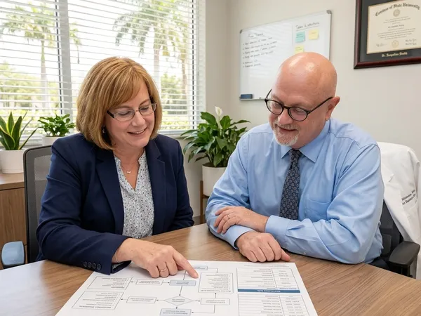 Dr. Jacqueline Pevny and Dr. Charles Smith collaborate on a patient's integrated treatment plan in a modern office.