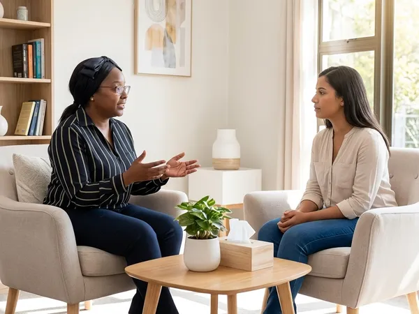 Primary therapist Keanna Florvil speaking with a client in a serene clinical therapy space at Destination Hope