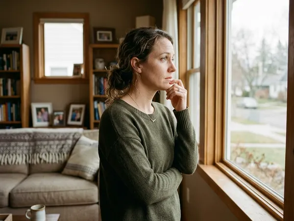 A concerned family member reflecting thoughtfully on how to help a loved one start treatment.