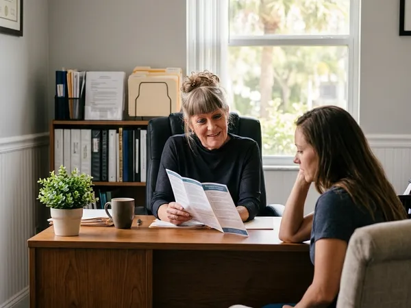 Housing Director Michele Donahue reviews a program brochure with a female patient in her clinical office.