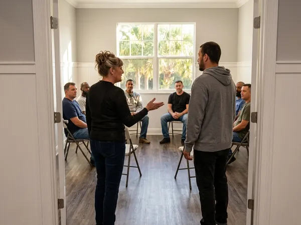 Housing Director Michele Donahue with an all-male support group seated in a circle of chairs in a residential room.