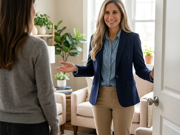 Expert Practitioner Daryl Berkowitz warmly welcomes an adult client into a serene trauma counseling office.