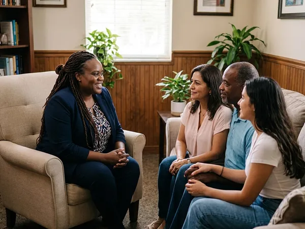 Family therapist Lystra Lewis provides specialized support to a diverse family in a warm and comfortable consultation room.
