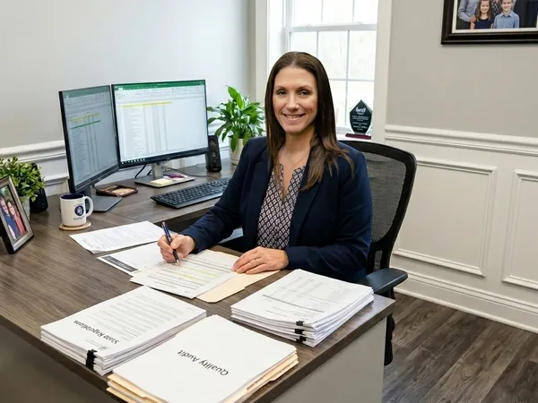 Clinical Director Samantha Sandor carefully reviews state compliance audit folders at a clean wood desk under soft light.
