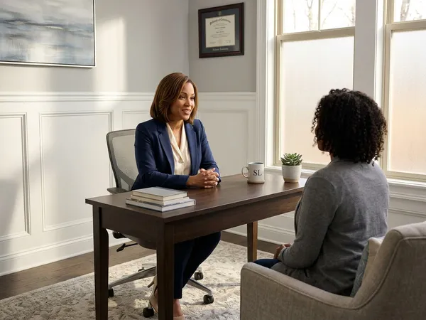 Primary therapist Keanna Florvil speaks supportively with a client at her office desk in a sunlit counseling room.