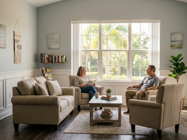 A client reads a book and chats with another resident in a peaceful, wainscoted campus common room with wood flooring.