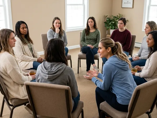 Expert practitioner Daryl Berkowitz leads a supportive women's group therapy circle with casually dressed patients in a comfortable recovery center.
