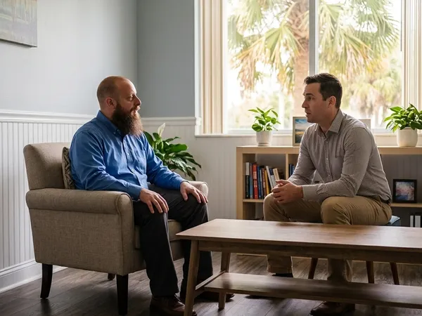 Program Director Gabriel King conducts a one-on-one outpatient therapy session with a working professional in his office.