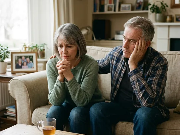 Worried parents sitting on a couch, looking deeply concerned and affected by their son's struggles.