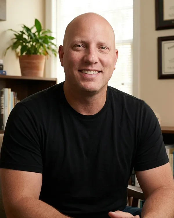 Zach, a bald man in his late 30s with a clean-shaven face and a warm smile, sits in a counseling room reflecting hope.